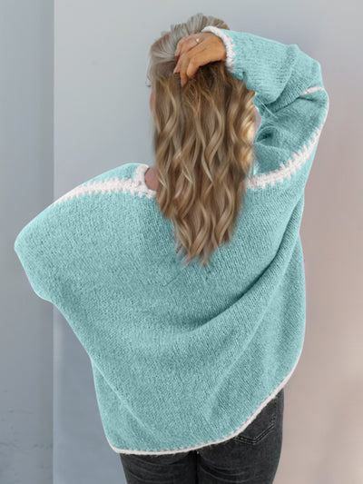Double Take Contrast Open Front Dropped Shoulder Cardigan - Fashions Envy