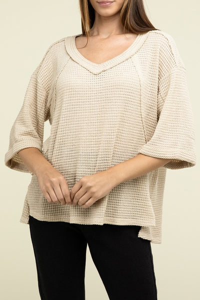 Brushed Waffle Exposed-Seam 3/4 Sleeve Top - Fashions Envy