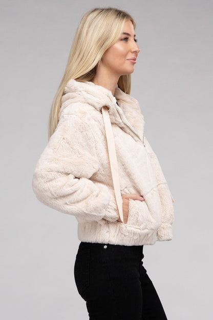 Fluffy Zip-Up Drawstring Teddy Hoodie