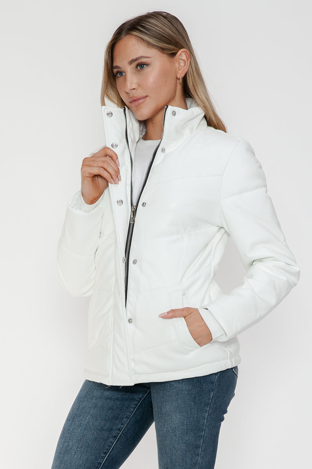 Pocketed Zip Up Turtleneck White Puffer Jacket