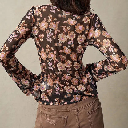 Long Sleeve V Neck Ruched Button Down Floral Shirt
