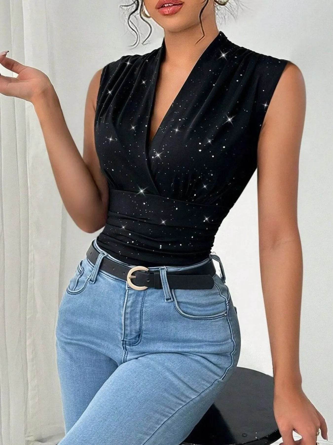 Surplice Sleeveless Slim Blouse - Elegant Wrap Style Top - Fashions Envy