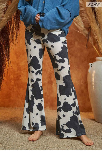 High Waist Mocha Cow Print Flared Casual Pants