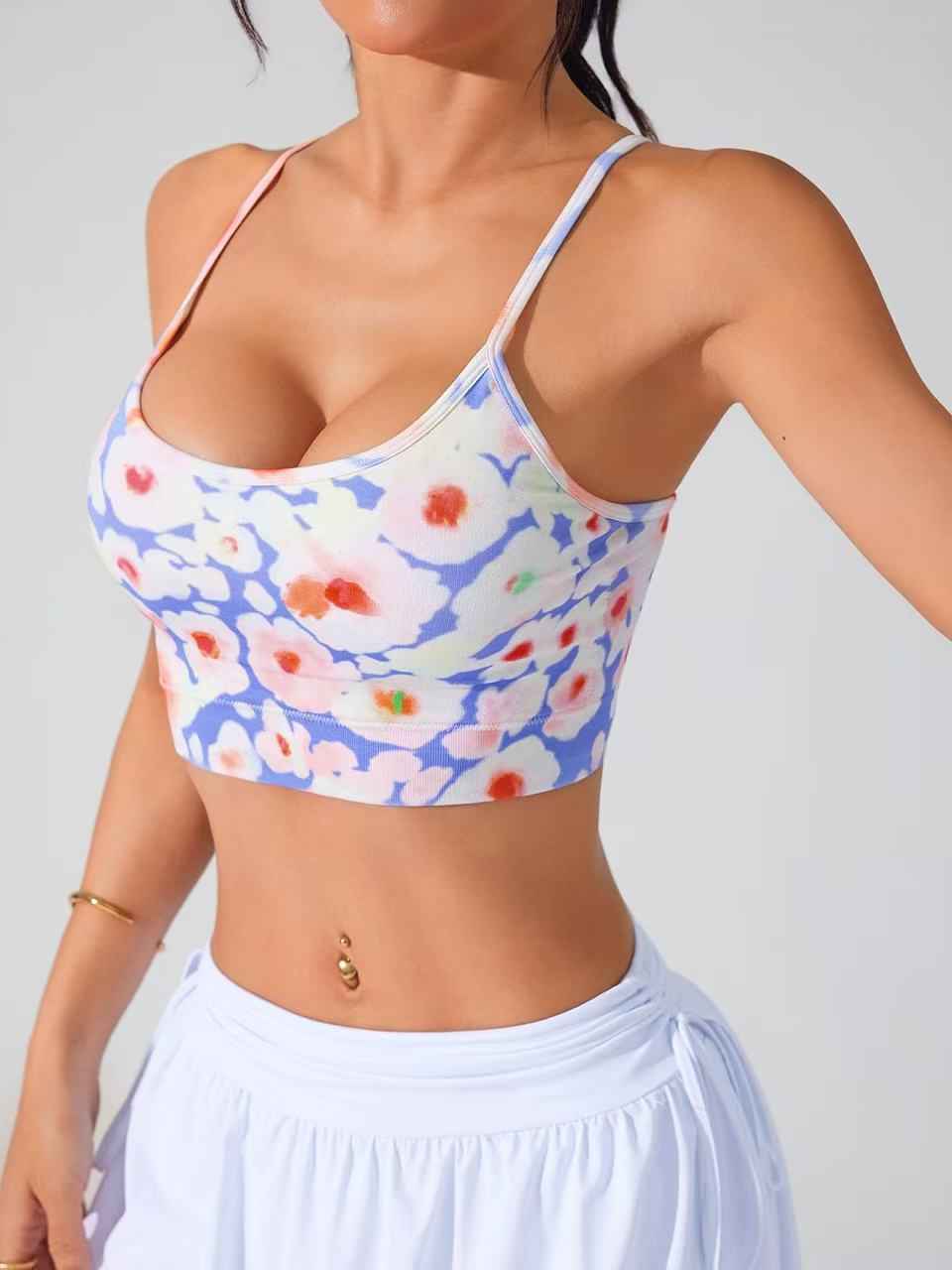 Floral Print Daily Sports Bra - Cross Thin-Strap