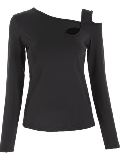 Cutout Asymmetrical Neck Long Sleeve T-Shirt - Fashions Envy
