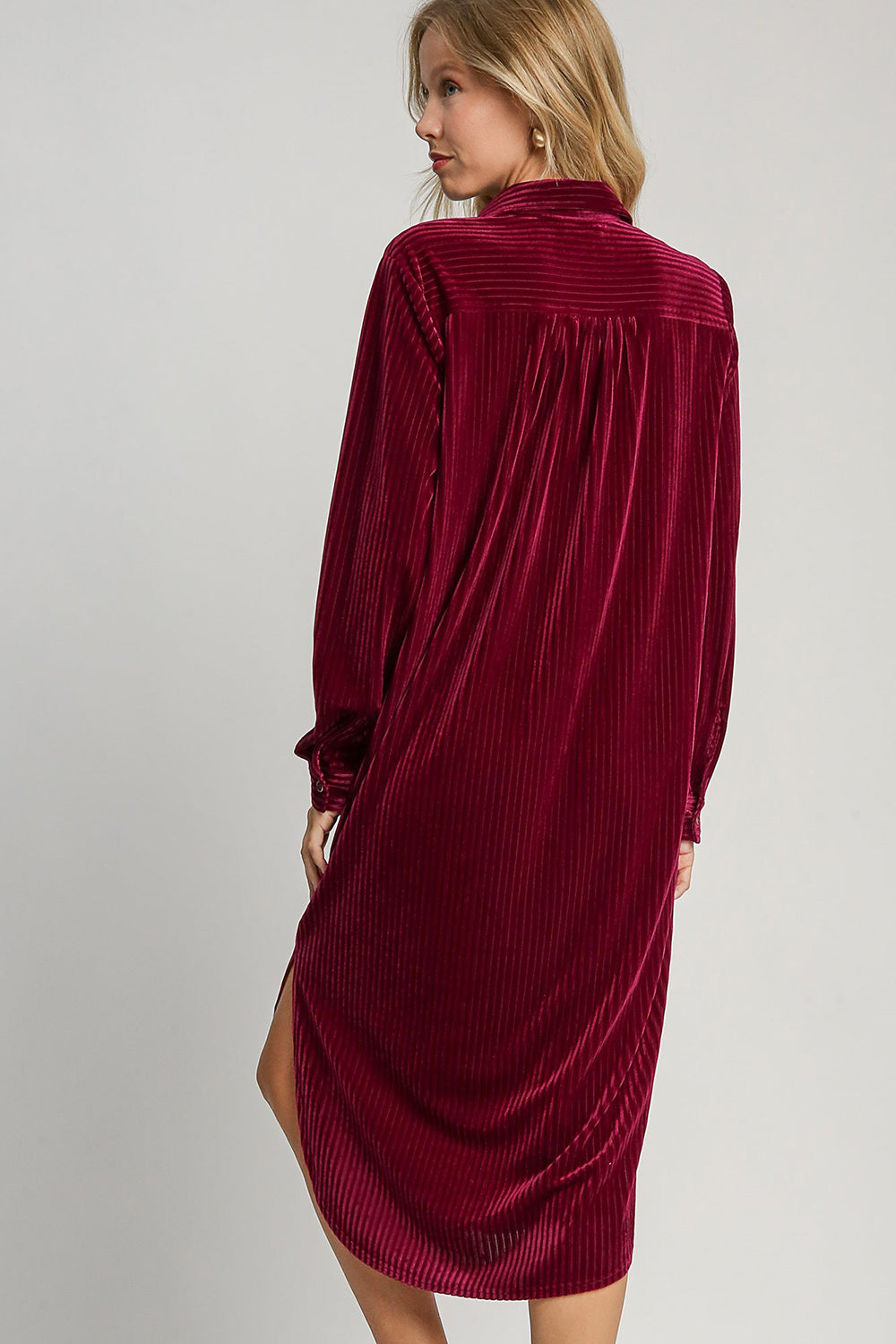 Burgundy Texture Curved Hem Button Down Shirt Dress