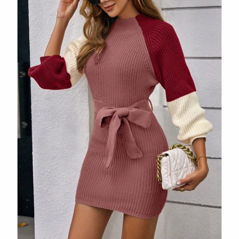 Color Block Sweater Dress - Midi Bodycon with Tie Waist