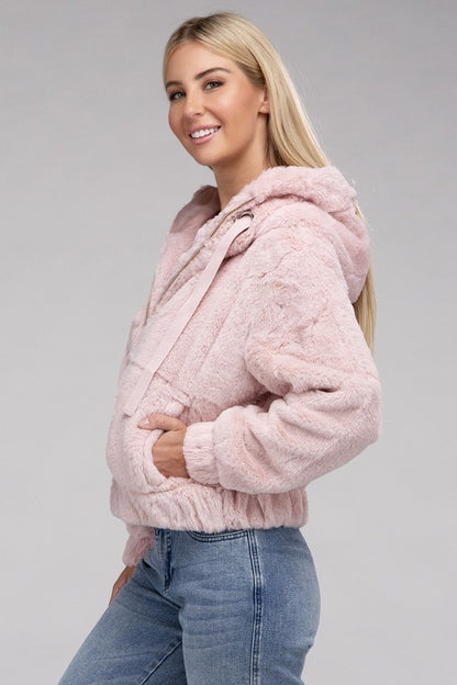 Fluffy Zip-Up Drawstring Teddy Hoodie