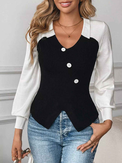 Color Block V-Neck Sweater - Chic Button Detail - Fashions Envy
