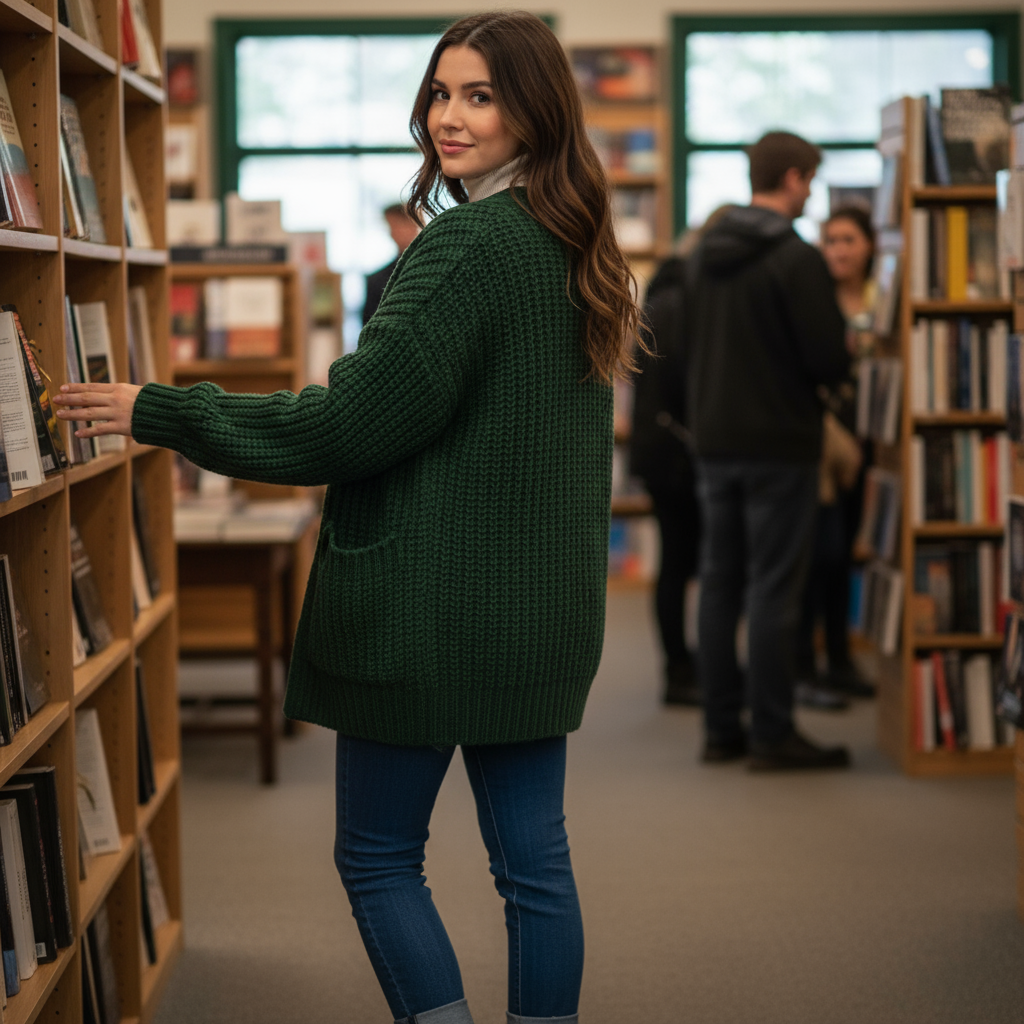 Dark green chunky knit cardigan - back view