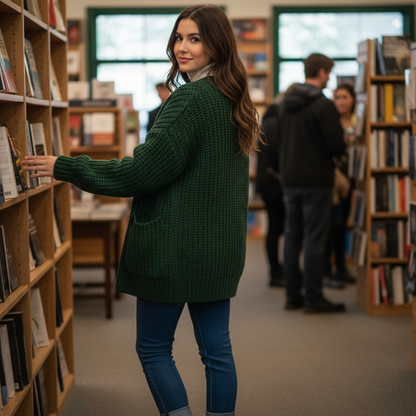 Dark green chunky knit cardigan - back view