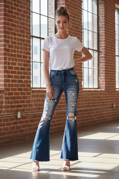 Dark stone wash flare jeans front view