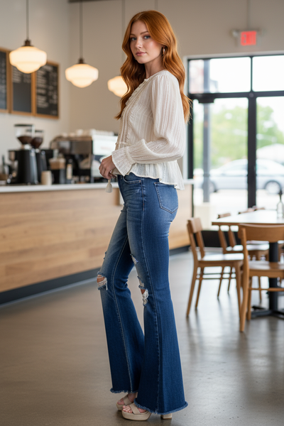 Dark stone wash flare jeans side profile
