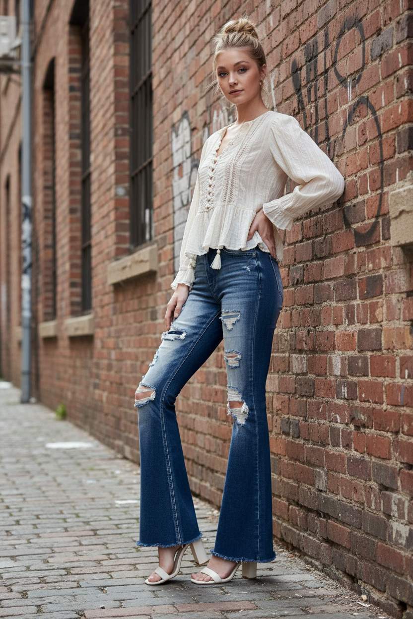 Dark stone wash flare jeans three-quarter view