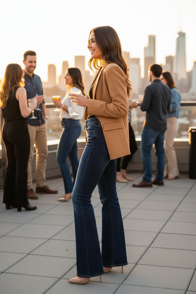Dark wash super flare jeans at rooftop bar - side profile