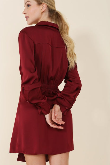Satin Collared Long Sleeve Wrap Mini Dress