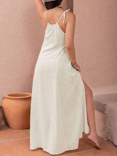 Beige Swiss Dot Cutout Sleeveless Maxi Dress - Fashions Envy