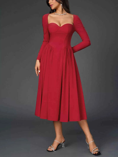 Sweetheart Neckline Long Sleeve A-Line Midi Dress