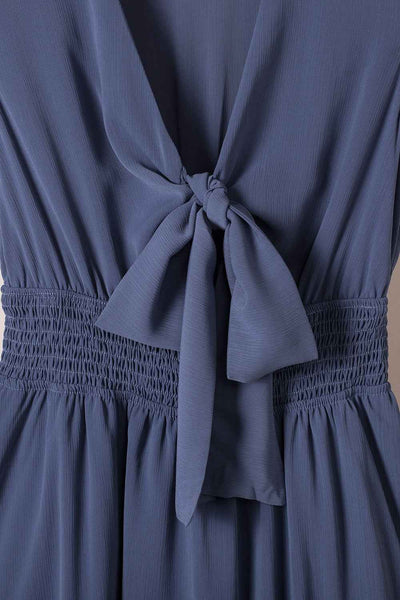 Ruffle Hem Mini Dress - Flirty Bow-Tie V-Neck
