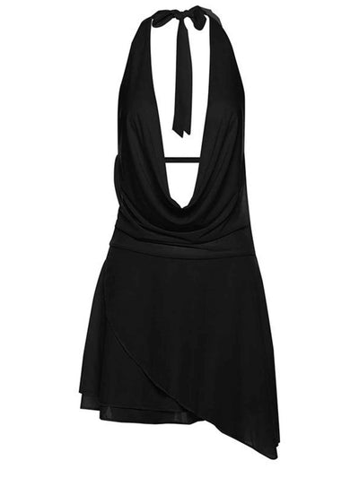 Ruffled Halter Mini Dress - Backless Tied Asymmetrical Slit
