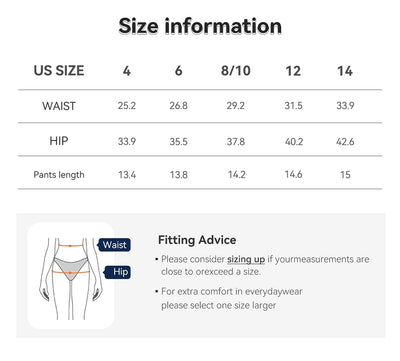 Trendsi size chart for high-waist wide-leg denim shorts showing US sizes 4 to 14 with waist hip pants length and fitting advice