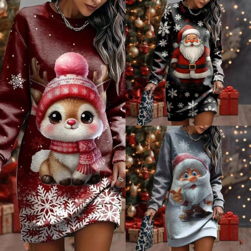 Festive Charm Dress - Christmas Print Long Sleeve