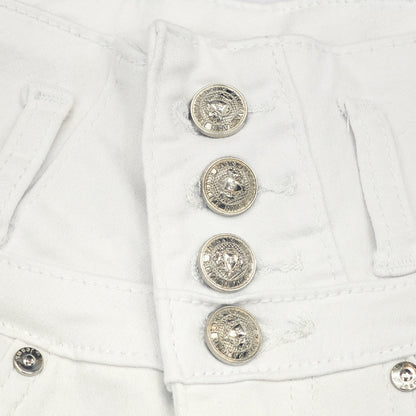 White High-Waist Bling Pocket Shorts - Stretch Denim Button Shorts