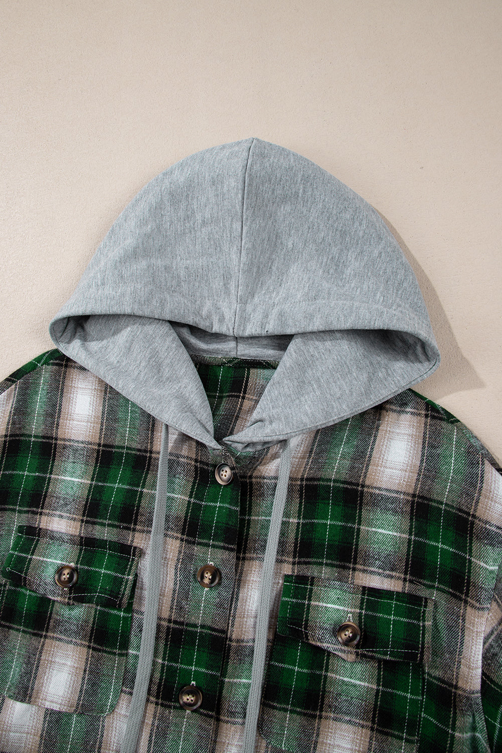 Red Plaid Print Chest Pocket Buttoned Hooded Shacket