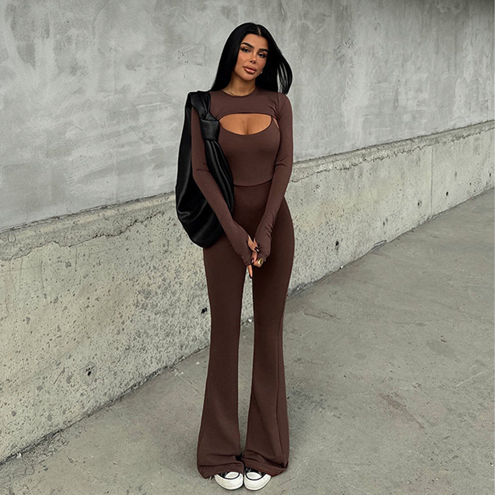 Long Sleeve Jumpsuit Set - Round Neck Tight Two-Piece