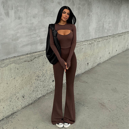 Long Sleeve Jumpsuit Set - Round Neck Tight Two-Piece