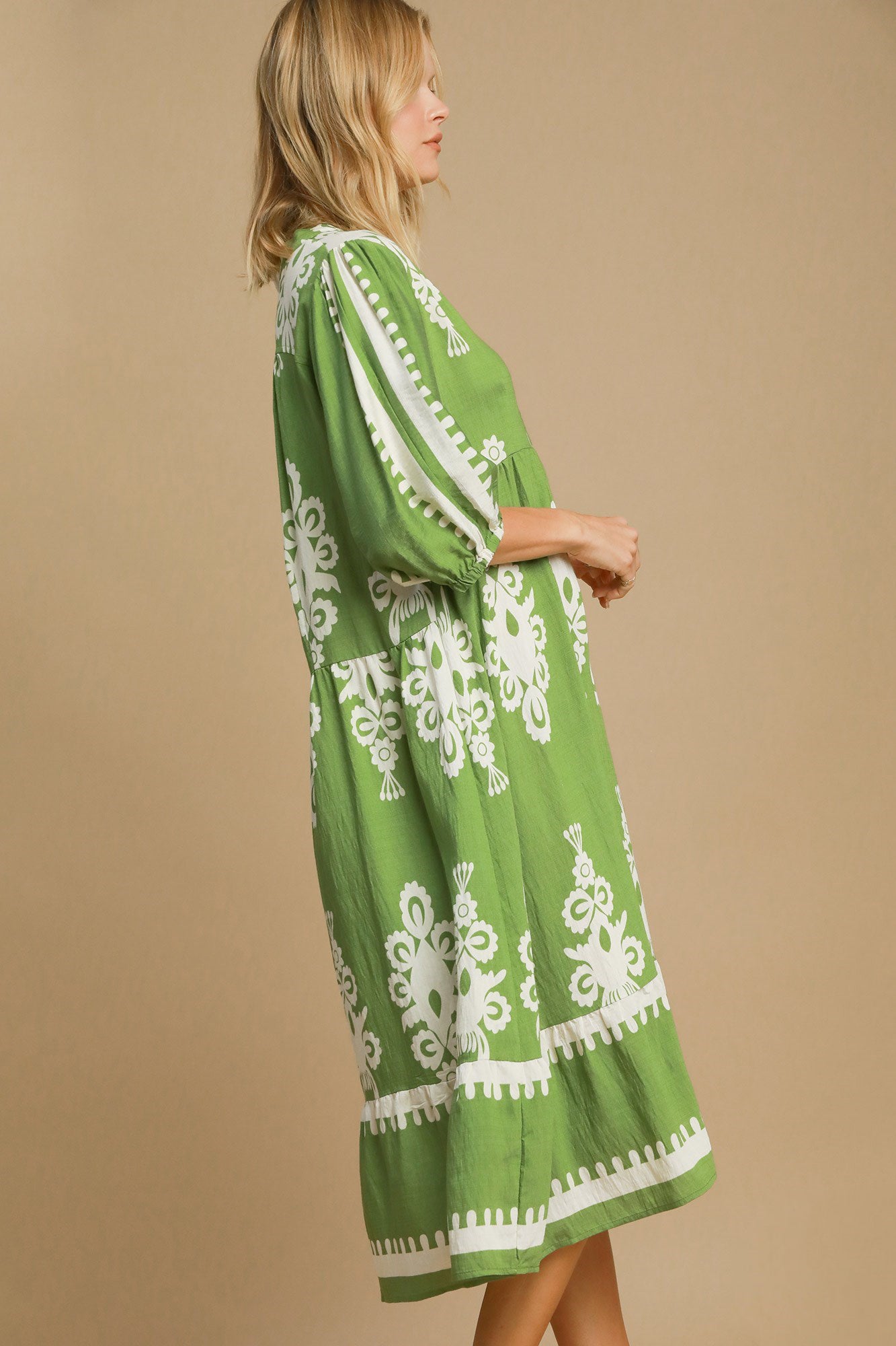 Lime Green Printed Notched Midi Dress