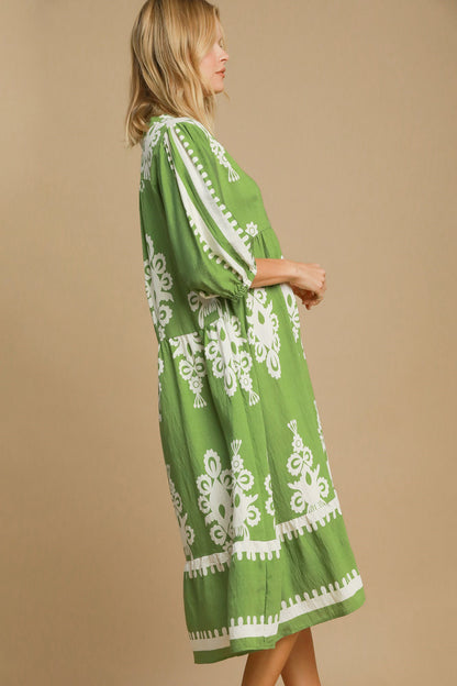 Lime Green Printed Notched Midi Dress