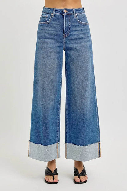 RISEN Full Size Tummy Control High Rise Crop Wide Cuffed Jeans Plus Size - Fashions Envy