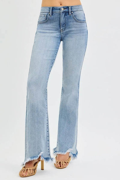 RISEN Full Size Tummy Control Mid Rise Flare Jeans with Fray Hem Detailed Plus Size - Fashions Envy