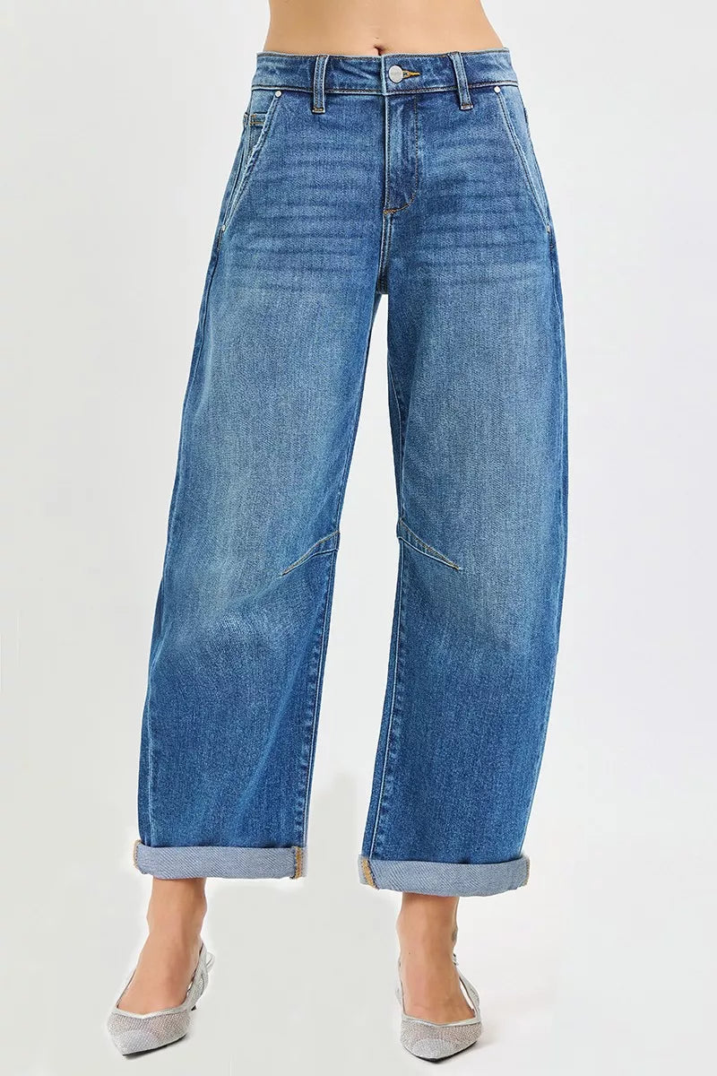 RISEN Barrel Jeans - Slouchy Cropped Cuffed Hem - Fashions Envy