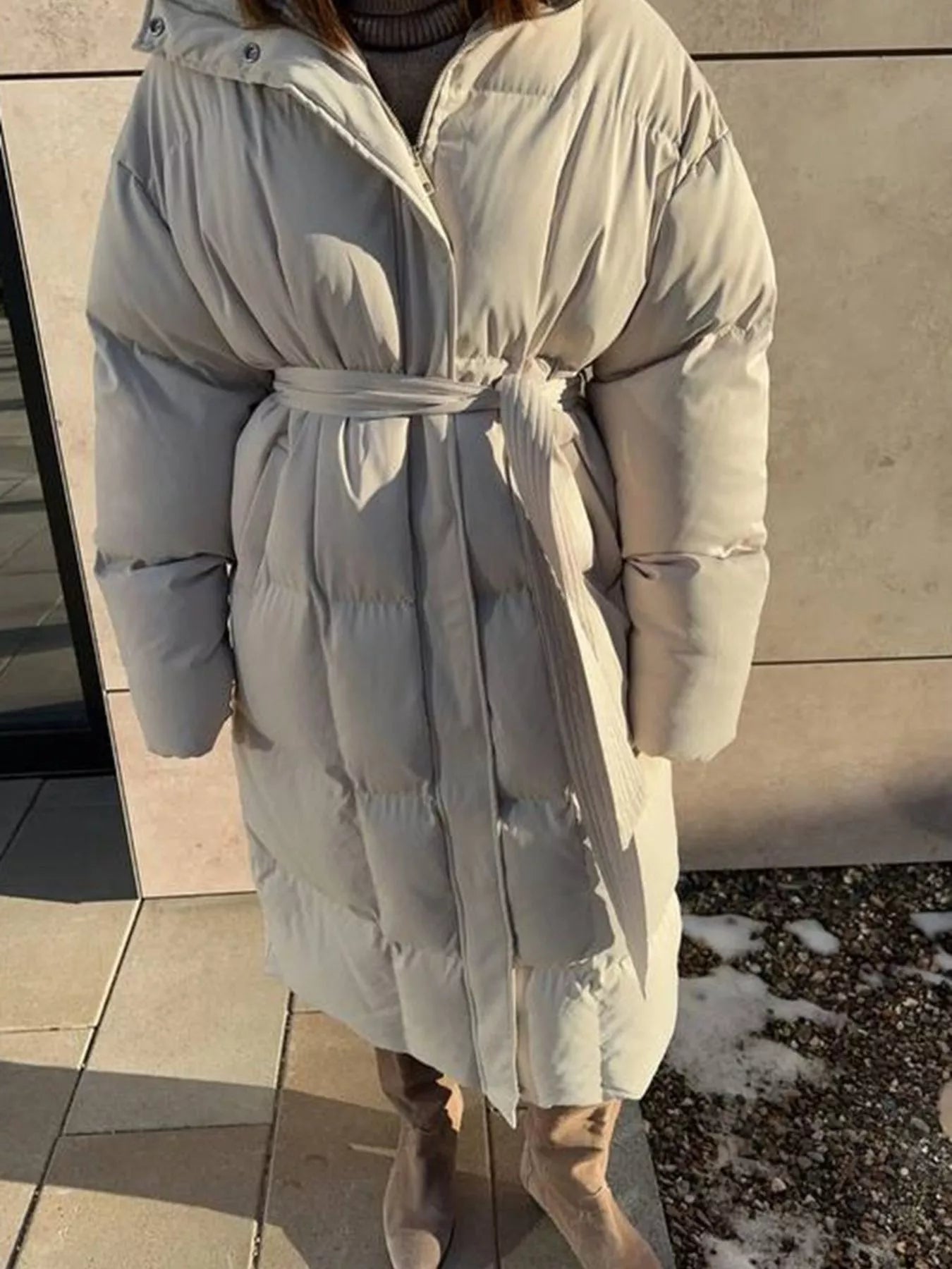 Longline Winter Coat - Padded with Belt - Fashions Envy