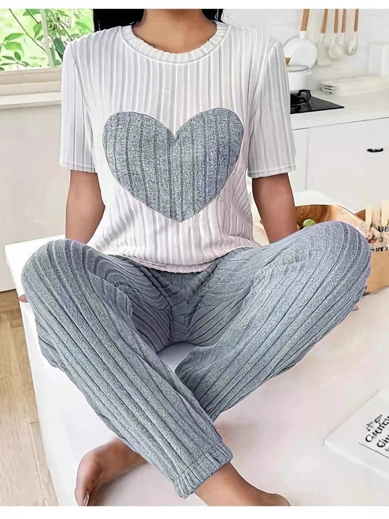 Heart Ribbed Knit Top and Pants Lounge Set