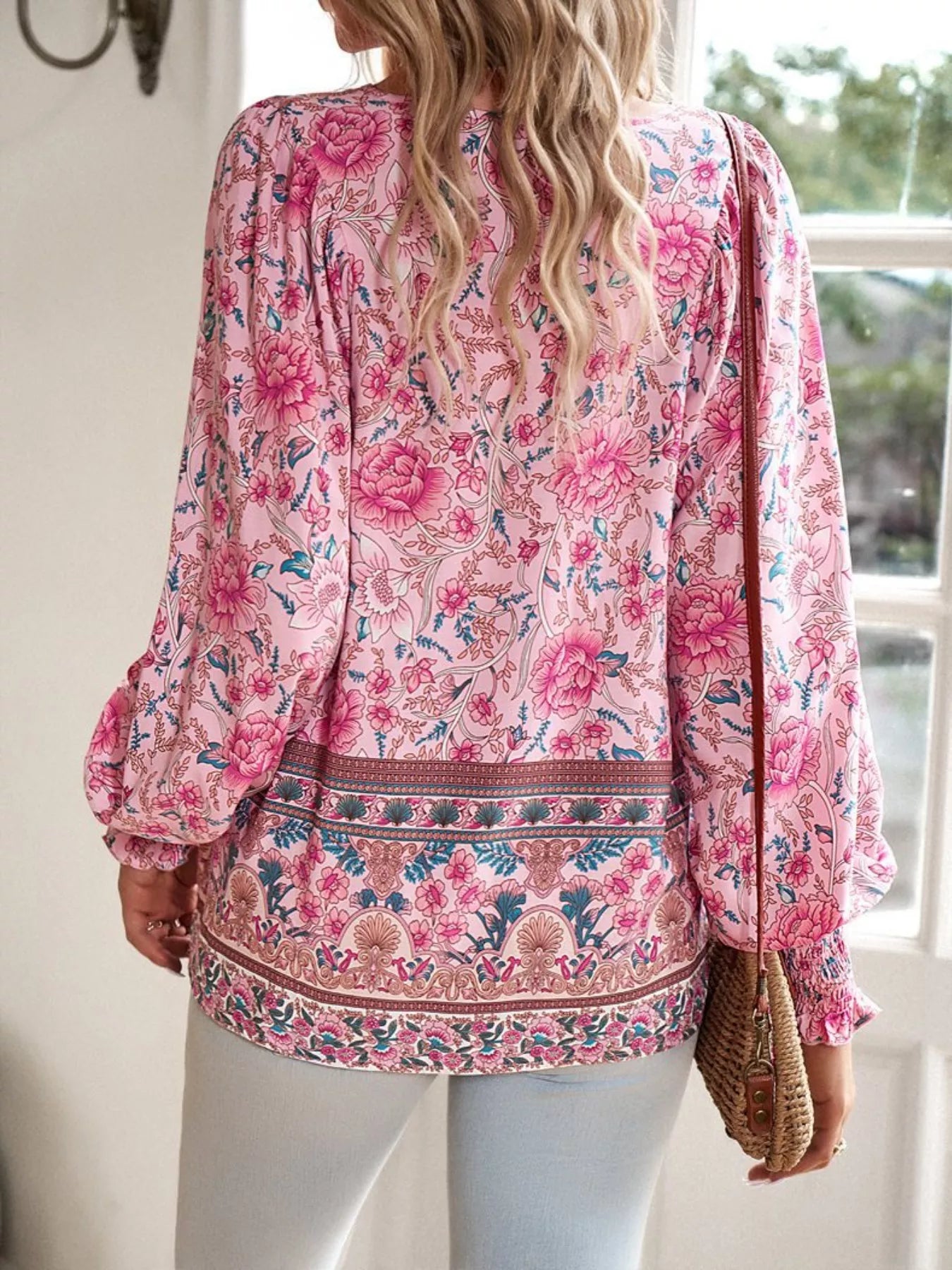 Bohemian Blouse - Floral Print Tie Neck - Fashions Envy