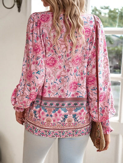 Bohemian Blouse - Floral Print Tie Neck - Fashions Envy
