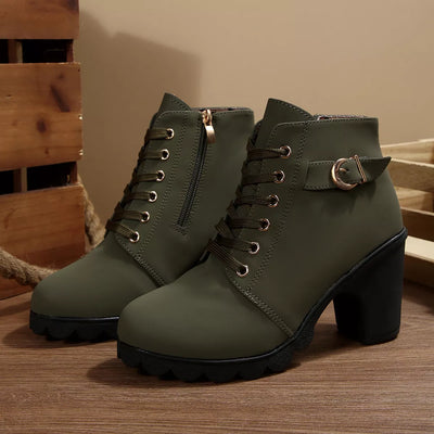 Lace Up Boots - Block High Heels - Fashions Envy