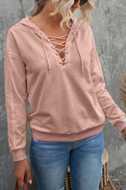 Lace Up V-neck Long Sleeve Hoodie