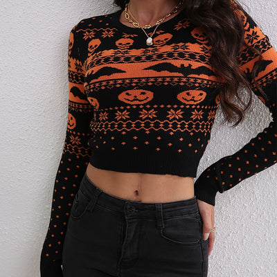 Halloween Sweater - Jacquard Knit Round Neck Pullover