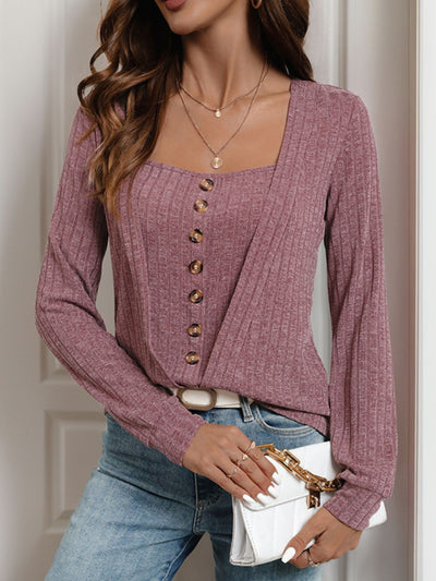 Square Neck Long Sleeve Top - Button Detail Style