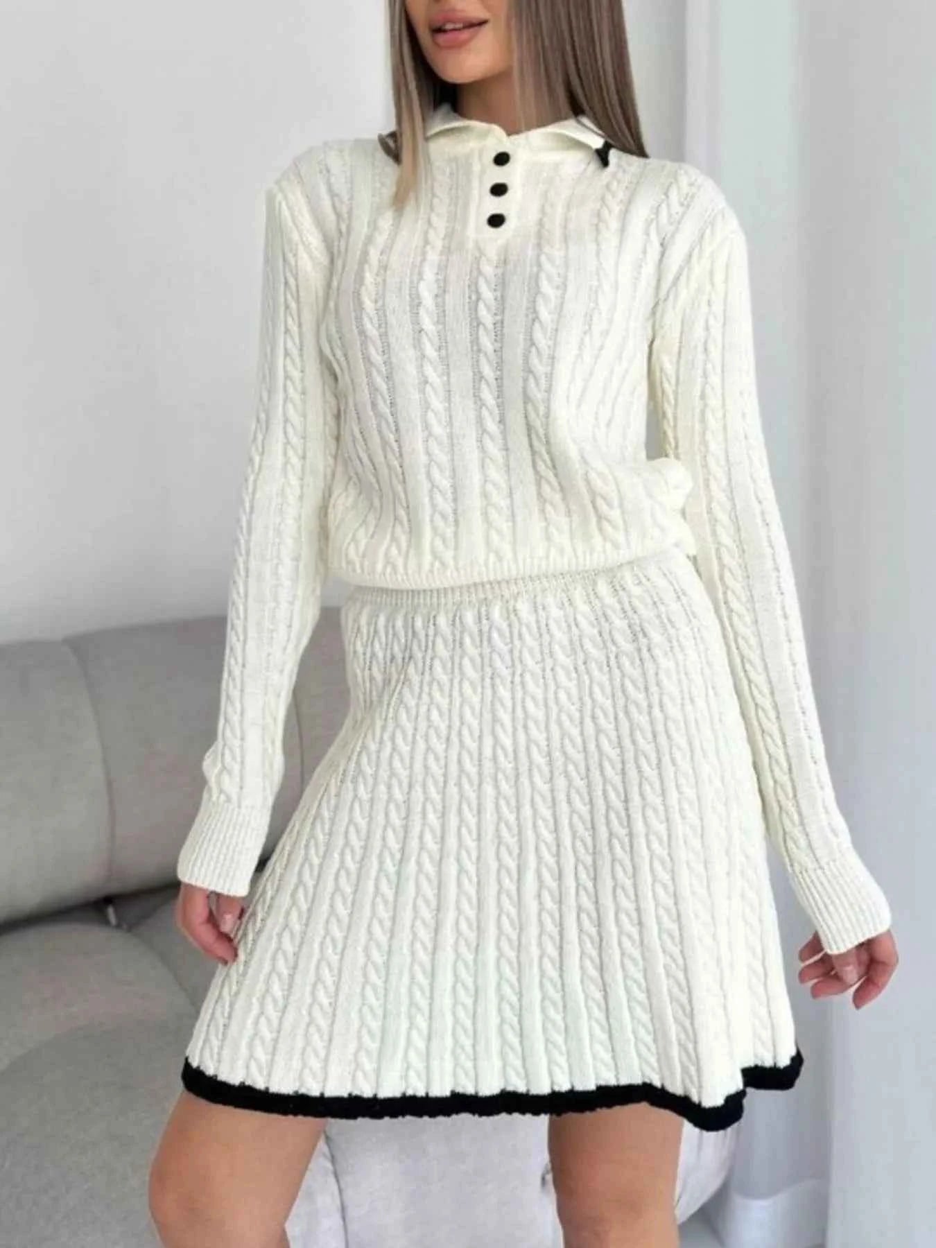 Cable Knit Long Sleeve Top and Skirt Sweater Set
