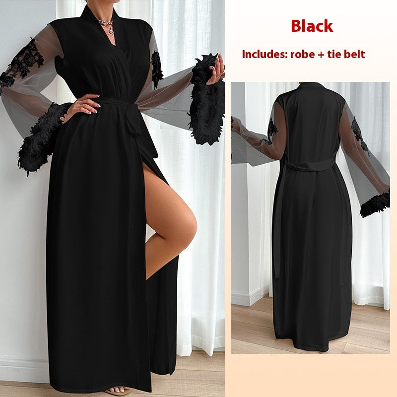 Sheer Lace Robe - Full Length Boa Sleeve Intimate Wear