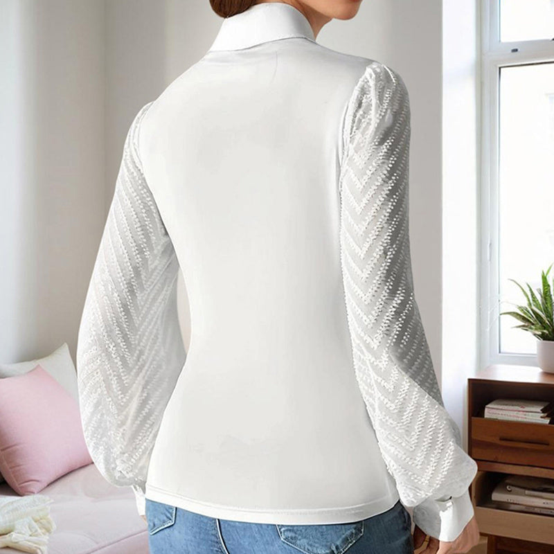 Deep V-Neck Chiffon Top - Criss-Cross Sheer Sleeves