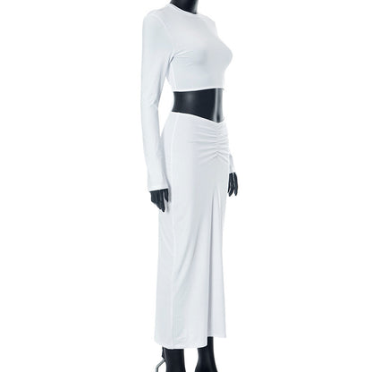 Long Sleeve Backless Crop Top & High Waisted Skirt Set