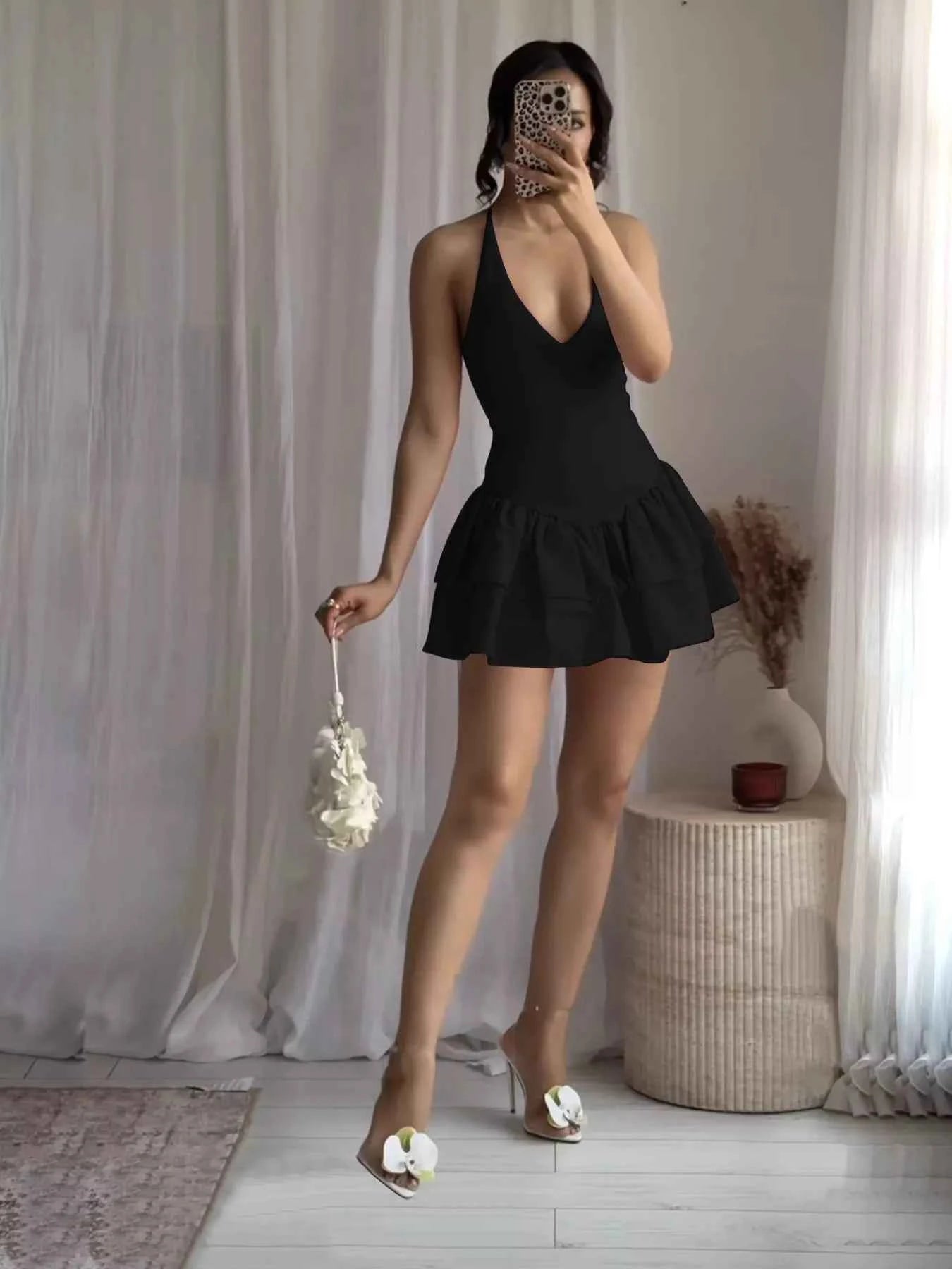 Crisscross Layered Ruffle Hem Mini Dress