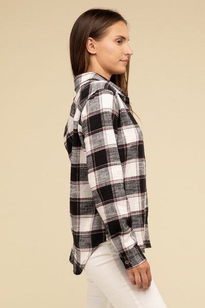 Cotton Plaid Shacket With Front Pocket - Fashions Envy