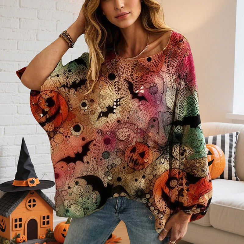Diamond Hollow Out Batwing Sleeve Top - Loose Fit Pumpkin Halloween Print